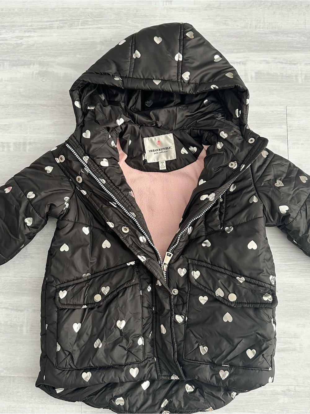 Urban Republic Black Puffer Jacket with Silver Heart Print 5-6y/o